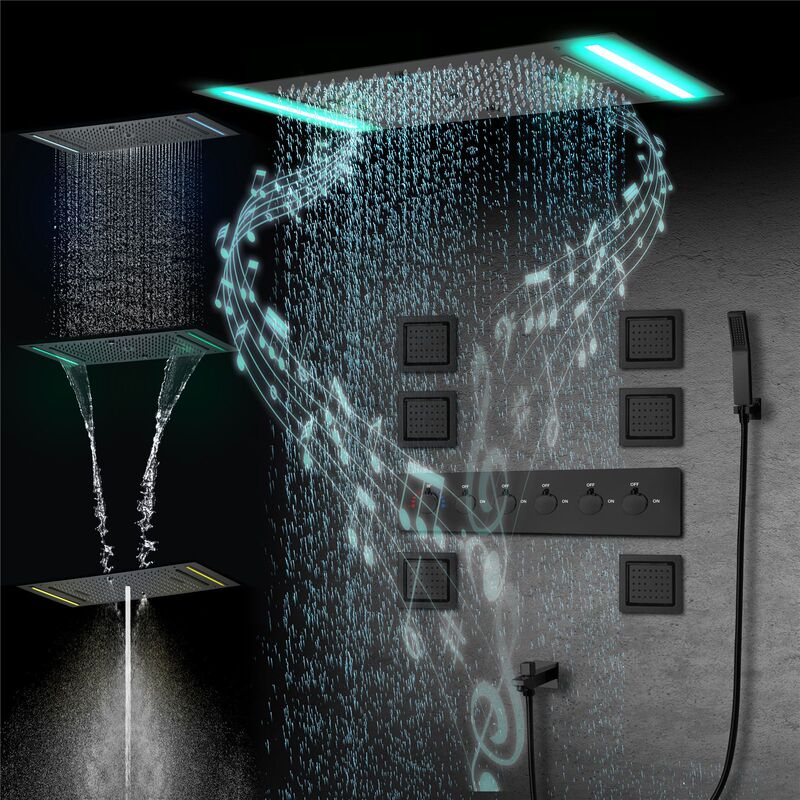 Dark shower 638*338mm hotel homestay LED music three-function top spray black double shower suit