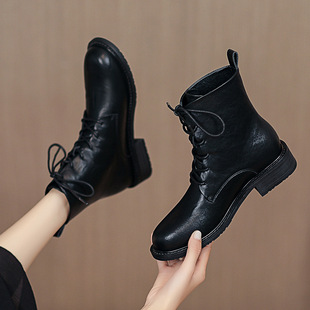 2024 New Round Toe Martin Boots for Women British Style Brown Low Heel Thick Heel Thin Strap Boots Front Lace up Workwear Women's Boots