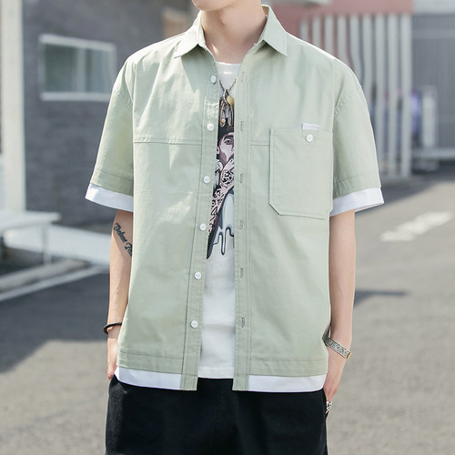 Men's Short Sleeve Summer Korean Style Trendy Cool Casual Two-Piece Shirt Student Top
