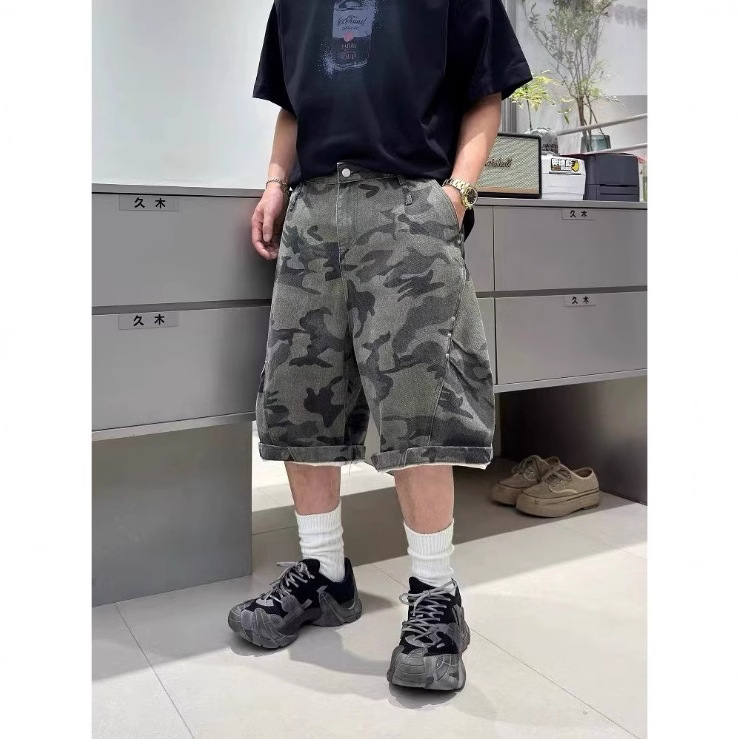 American High Street Workwear Wide-Leg Camouflage Jeans for Men 2025 New High-Waisted Loose Slimming Look Three-Point Straight Pants