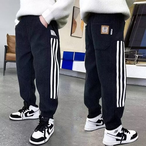 Thickened corduroy lined men's pants for autumn and winter, trendy brand track pants, loose pants with turn-up cuffs, casual pants, fashionable pants.