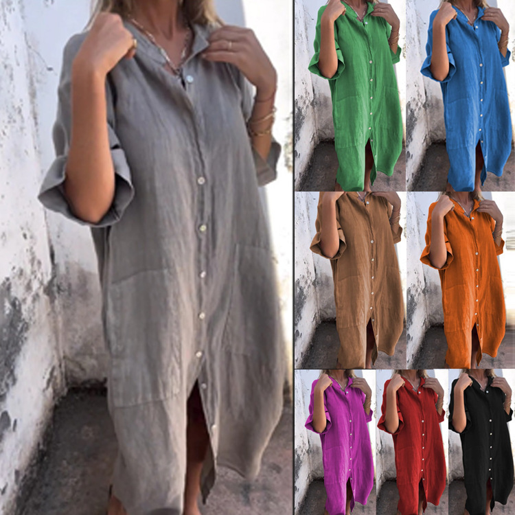 2024 New Spring Summer Style Loose Casual Mid-Sleeve Cotton Linen Shirt Dress For Women_voghion.com