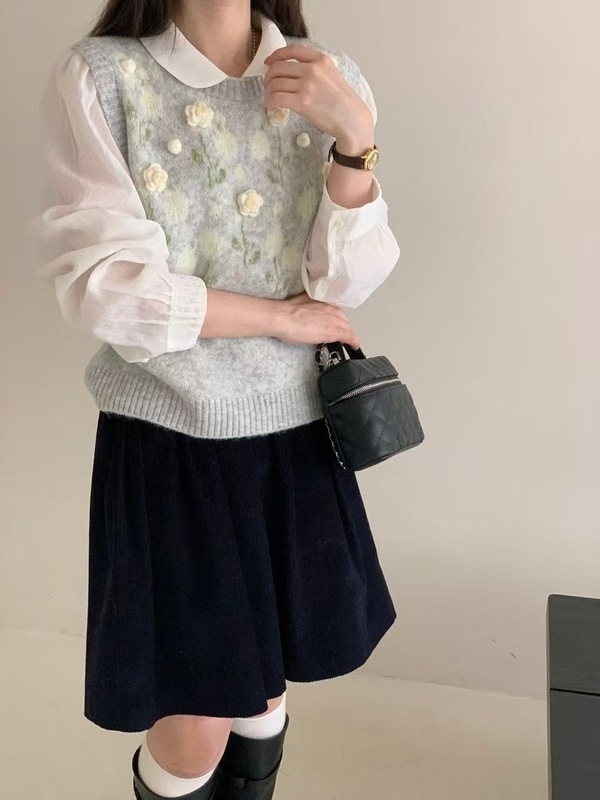 法式早秋新款温柔风立体花朵针织马甲韩系甜美清新钩花复古马甲女|undefined