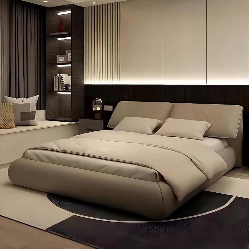 Cama de cuero de elefante de estilo minimalista italiano, cama principal moderna, paquete blando, 1.8 cama doble, marco de cama de madera maciza
