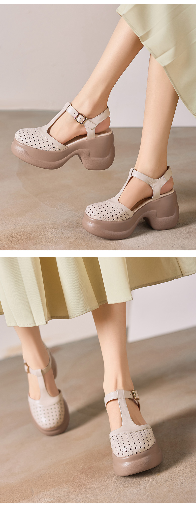 Sandal cao gót nữ quai ngang khóa T, đế dày 9.5 cm, gót thô — màu trắng ngà chi tiết 7