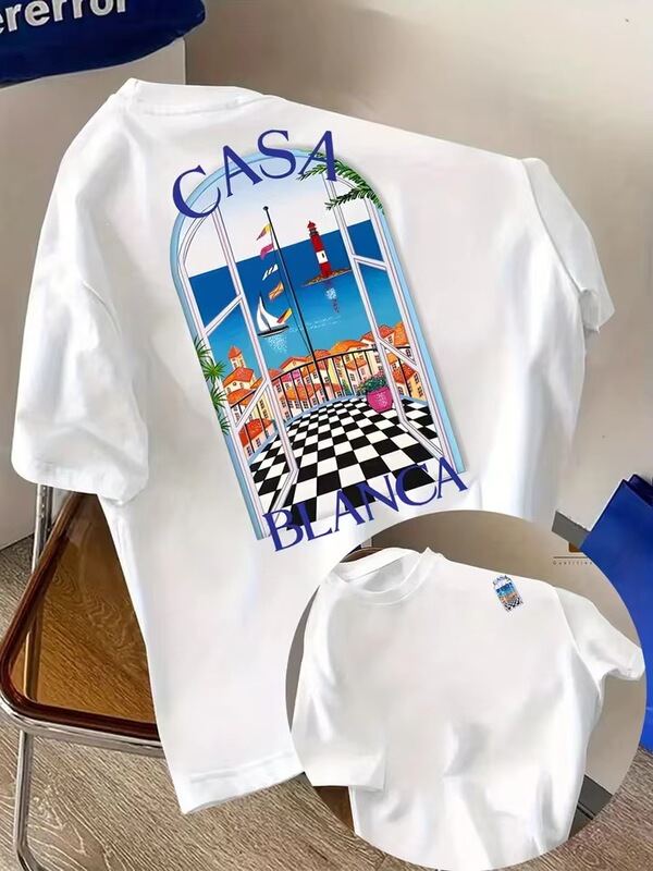 Casablanca Aesthetic Y2K Architectural Graphic Unisex Casual Round Neck Short Sleeve Summer Unisex Street T-Shirt