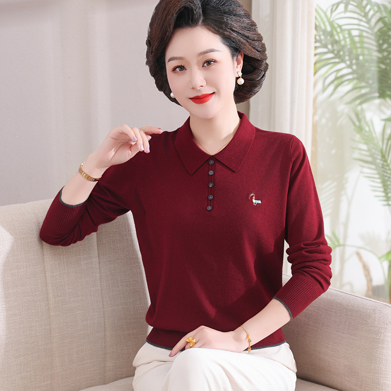 中年のお母さんの洋風の小さいシャツの春の服の2025新型の底の上着の中で老年の婦人服のニットの長袖のtシャツ|undefined