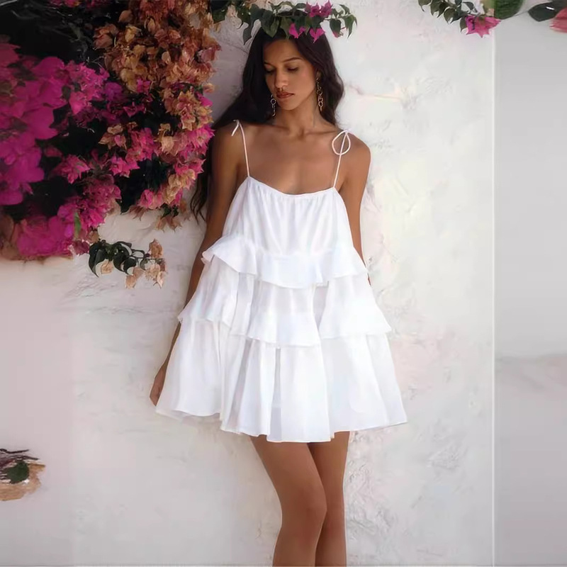Cross-Border Spaghetti Strap Dress European and American Style 2024 Summer Multi-Layered Coat Ruffled Cake Short Dress with Open Back