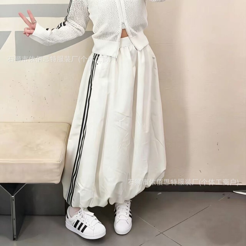 Adidas-Style Clover Embroidered Logo Women's Long Dress with Three Stripes, Cloud Pleated Flower Bud Skirt, High-Waisted and Slimming for Girls