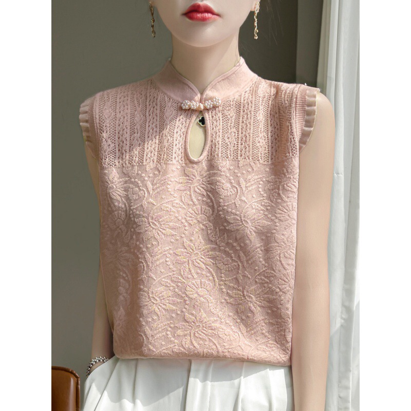 Sexy Lace Camisole Women's 2024 Spring and Summer Fashionable New Half-high Collar Base Shirt Pattern Hollow Top Trendy