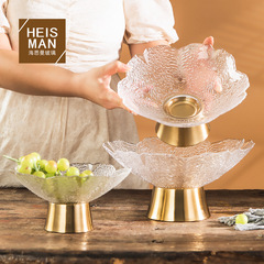 海思曼輕奢高腳玻璃果盤銅底糖果盤客廳零食收納透明櫻花錘紋擺件
