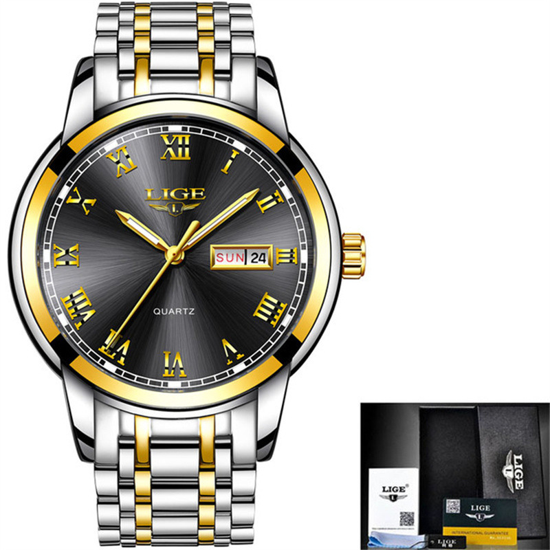 LIGE 9846-Semana banda de acero disco reloj de negocios elegante personalidad calendario hombres reloj casual transfronterizo