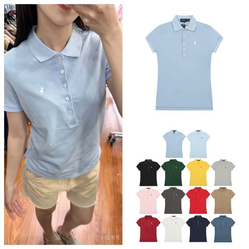 Cross-Border Rl Pony Logo Embroidered Classic Women's Slim Five-Button Pique Cotton Lapel Short-Sleeved Polo Shirt Summer