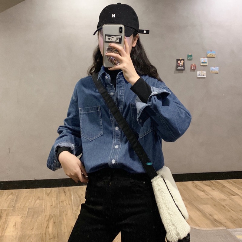 봄 가을 한국 스타일 플러스 사이즈 통통녀 올 매치 셔츠 여성 학생 루즈베이스 홍콩 스타일 레트로 데님 셔츠 재킷 트렌디