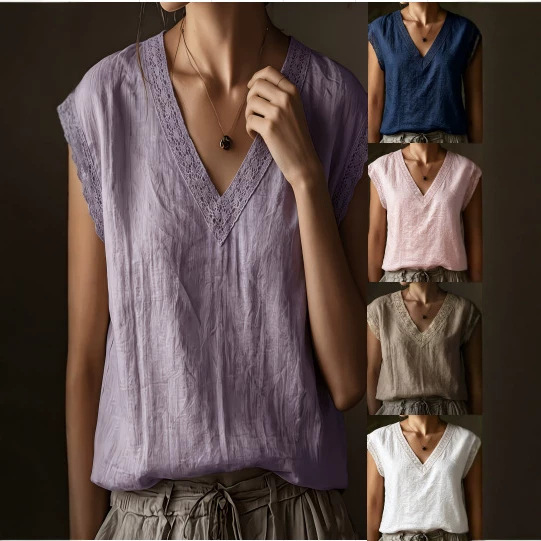 2026 Summer Cross-Border European and American Women's Clothing New Foreign Trade Loose Solid Color V-Neck Lace Splicing Sleeveless T-Shirt 2026 Summer Cross-Border European and American Women's Clothing New Foreign Trade Loose Solid Color V-Neck Lace Splicing Sleeveless T-Shirt