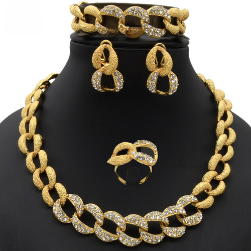 Set of 4 Gold Jewelry for Middle Eastern Women: Necklace, Ring, Earrings, and Bracelet