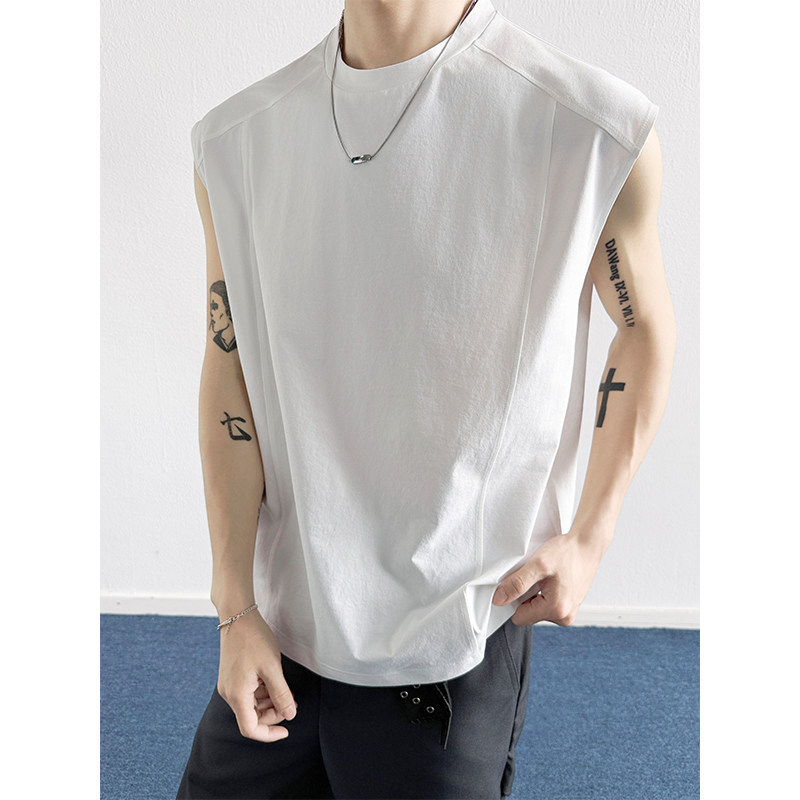 Men's white tank top, thin sleeveless summer vest, American style, ice silk, trendy plus size sportswear.