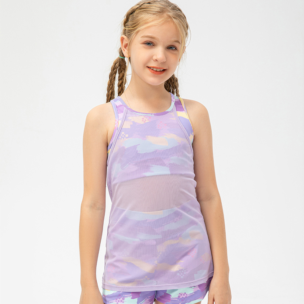 童装运动罩衫假两件网纱运动背心女童舞蹈训练瑜伽跑步上衣23102