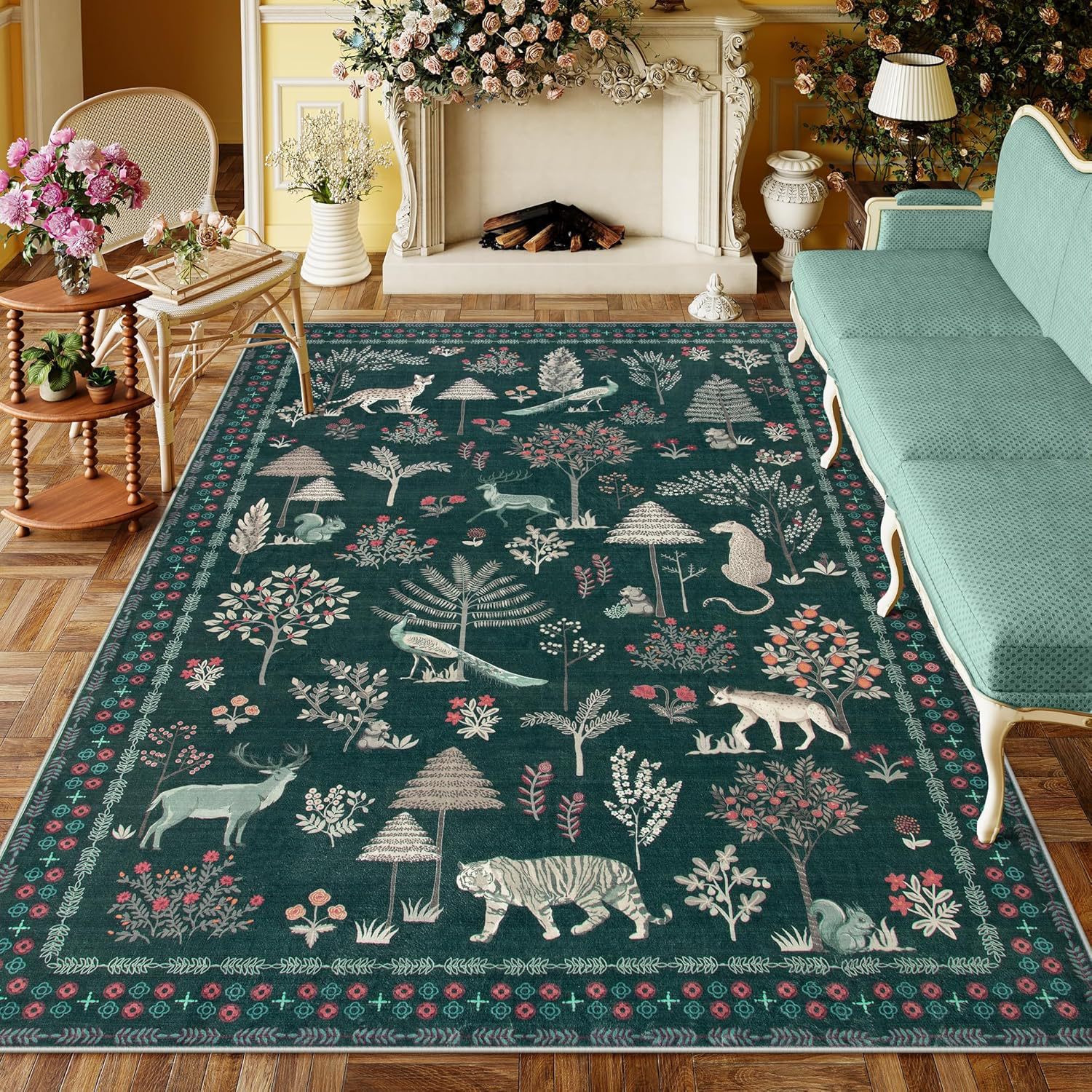 Nordic Retro Style Printed Carpet Forest Animal Crystal Velvet Living Room Carpet Wear-Resistant and Stain-Resistant Bedroom Bedside Blanket