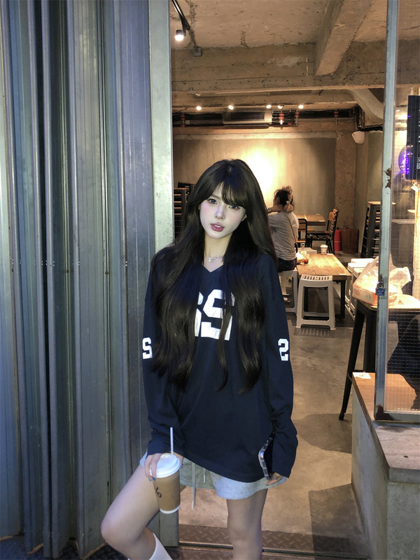 kumikumi美式辣妹复古印花V领长袖T恤女秋季宽松显瘦百搭减龄上衣|undefined