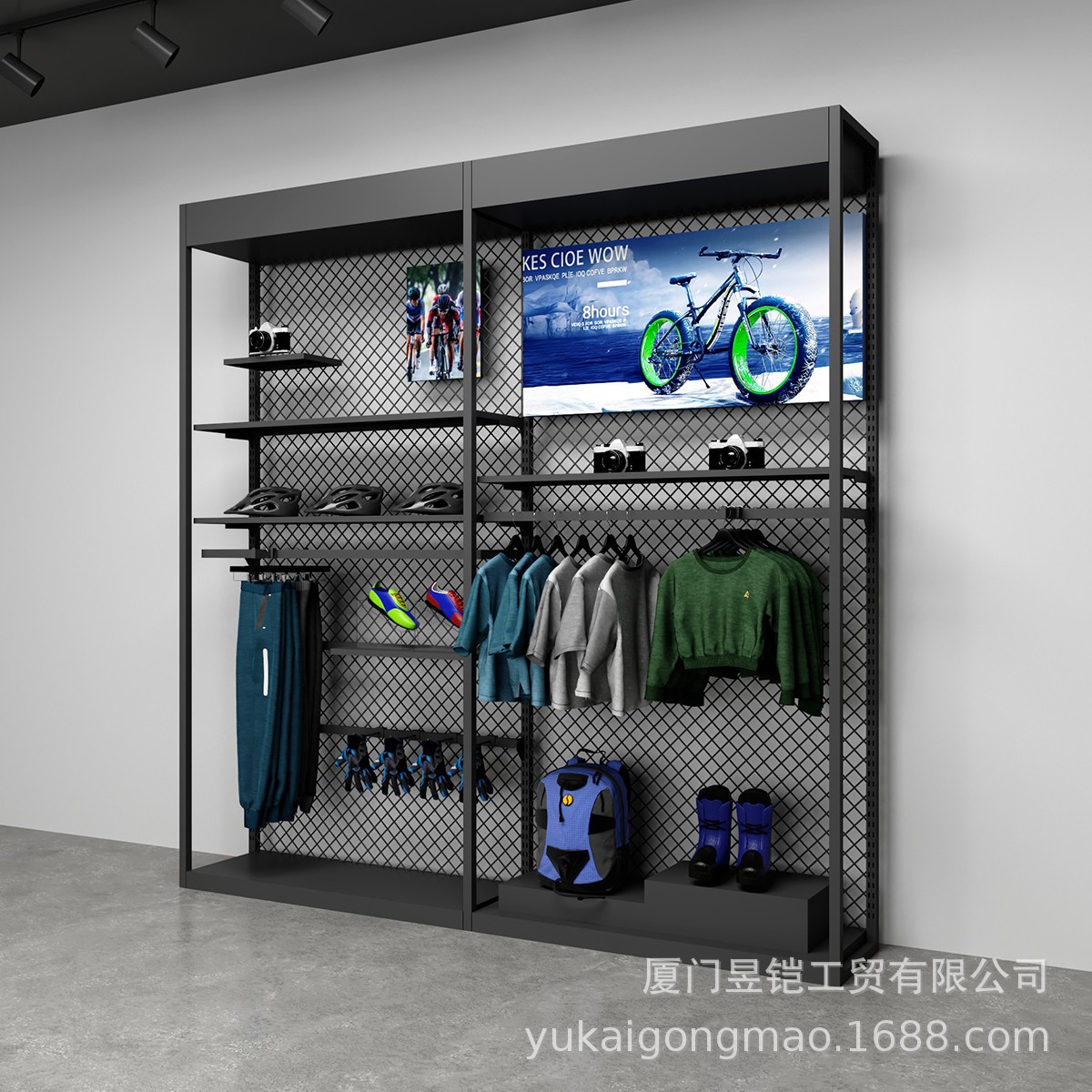 Estante de exhibición de deportes de bicicleta al aire libre Estante de exhibición de ropa de marca Estante de piso para artículos deportivos Diseño de dibujo