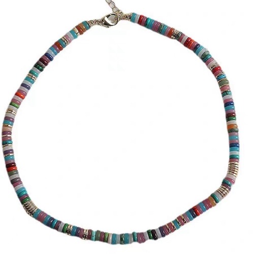 Natural stone colored flying disc necklace, original niche design, hand-beaded, vintage style stacked clavicle chain