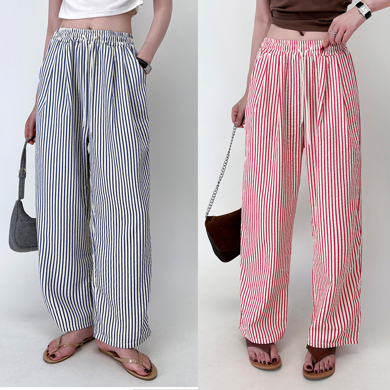 Vertical Striped Wide-Leg Pants for Women, Summer Thin Pants, Fashionable High-Waisted Loose Slimming Casual Pants, Stylish Straight-Leg Pants