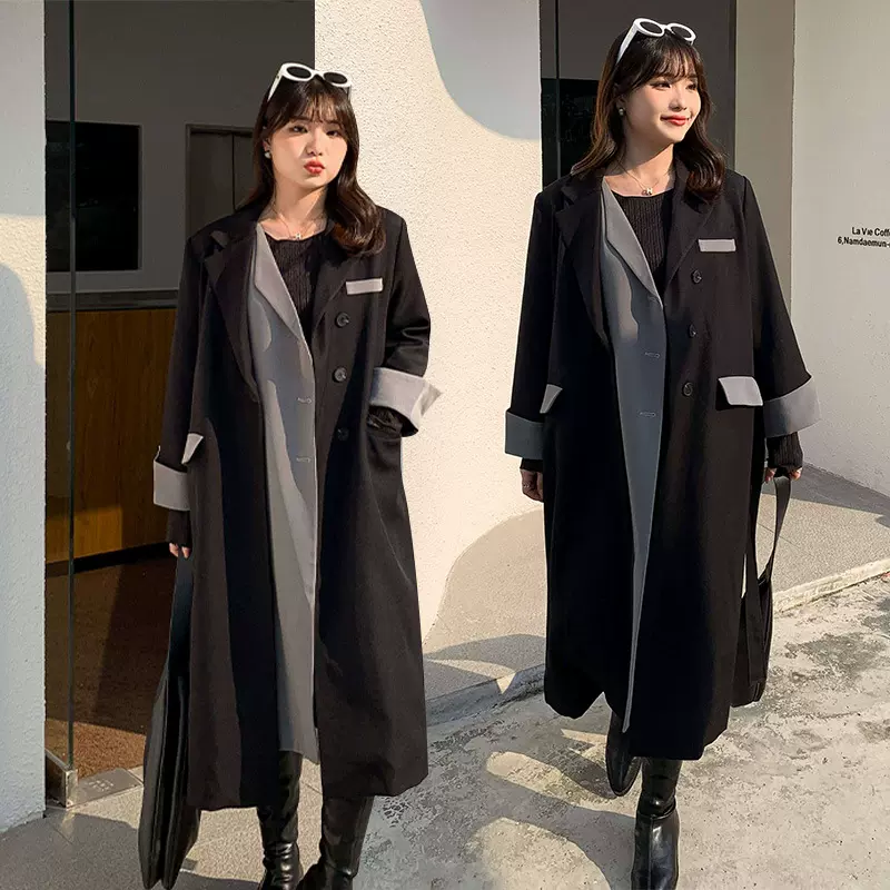 大码外套女秋冬新款气质高级感胖妹妹mm大码女装风衣长款显瘦3143