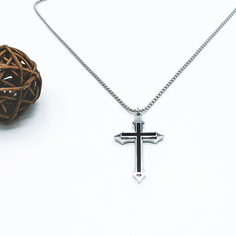Stainless steel cross pendant necklace, double-layer pendant, square pearl with chain, men's trendy jewelry_voghion.com