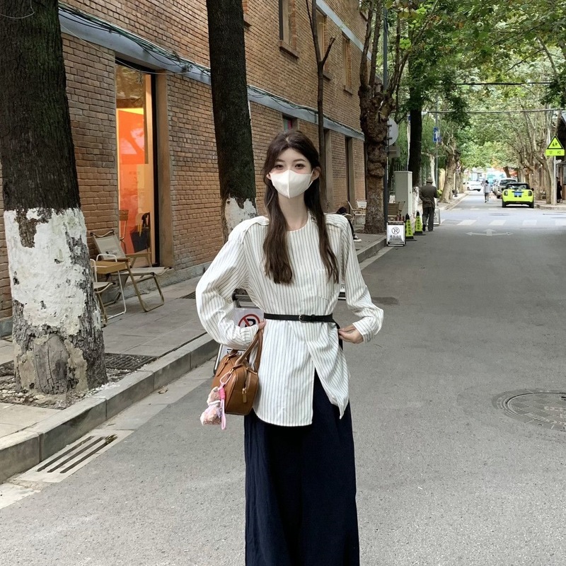 韩系穿搭套装女秋季新款修身条纹长袖衬衫阔腿裤子两件套时尚减龄|undefined