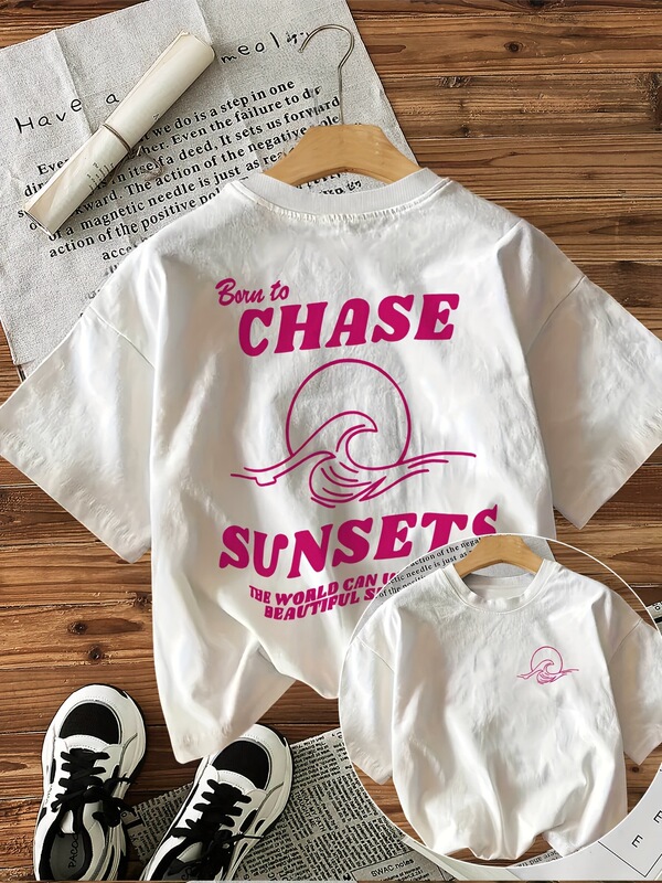 [Cross-Border European Code] Women's Pattern T-Shirt with the Pattern "Born to Chase the Sunset" Short-Sleeved European and American T-Shirt
