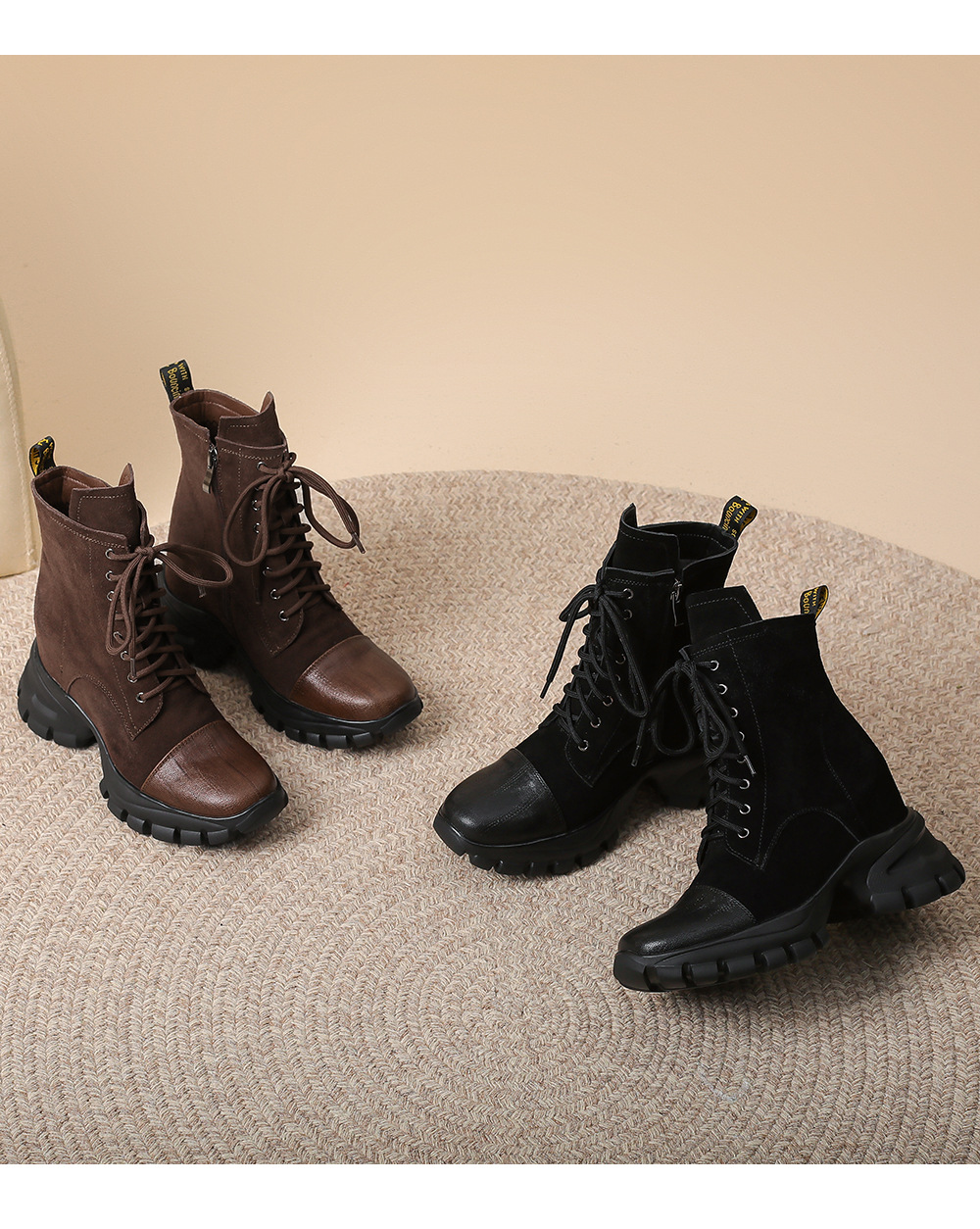 Boot cổ ngắn nữ buộc dây phong cách retro, gót 10 cm — Lớp lót nhung đen chi tiết 14