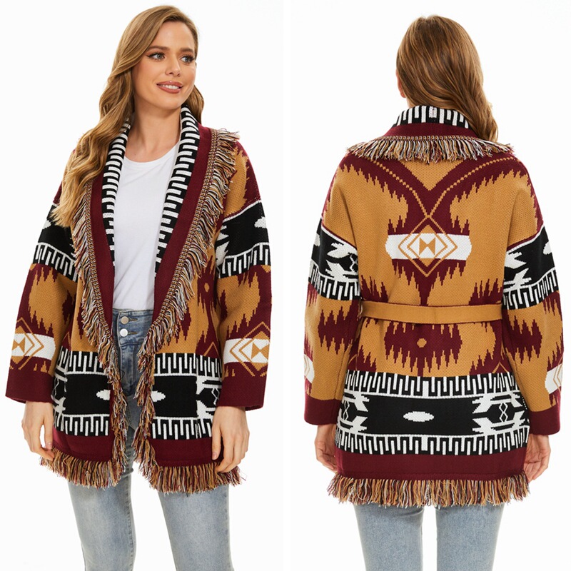 Independent Station European and American Cross-Border Jacquard Retro Ethnic Style Wool Cardigan Bohemian Tassel Autumn and Winter Sweater Jacket