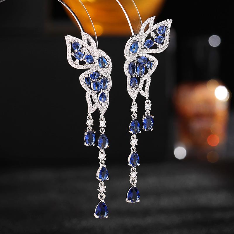 Boucles d'oreilles en argent S925 avec aiguille Ankara et zircon rouge Boucles d'oreilles en forme de goutte d'eau à longues franges en forme de papillon_voghion.com