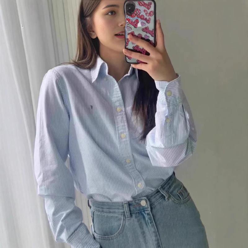 Rl Raff Women's Colorful Pony Logo Embroidered Striped Casual Shirt Spring Fashion Oxford Cloth Shirt Top