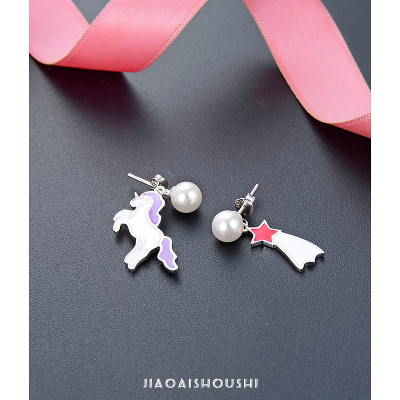 Japón y Corea del Sur pequeños nuevos pernos de orejas de estudiantes S925 plata esterlina goteo de aceite asimétrico izquierda y derecha arco iris auriculares al por mayor