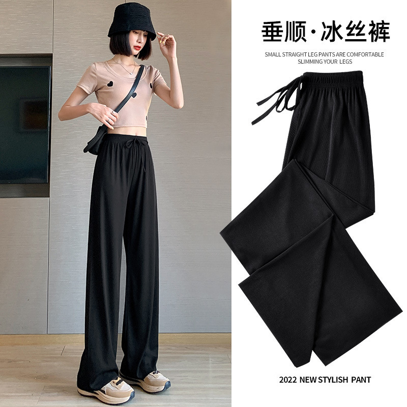 Ice Silk Narrow Wide-Leg Pants for Women, Summer Thin High-Waisted Drapey Anti-Mosquito Casual Pants, Sports Pants with Drawstring, Long Pants