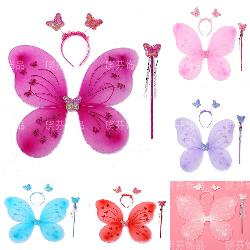 New Wings Butterfly Children's back decoration magic stick headdress flower fairy toy children's three-piece set factory wholesale New Wings Butterfly Children's back decoration magic stick headdress flower fairy toy children's three-piece set factory wholesale