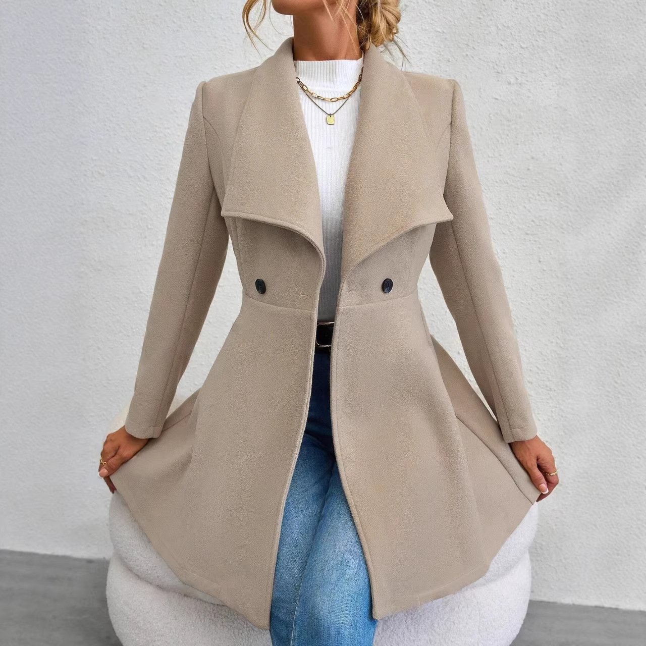 Cross-Border European and American Amazon Autumn and Winter Woolen Coat, Slim-Fit Mid-Length Lapel Women's Woolen Coat, Elegant Style
