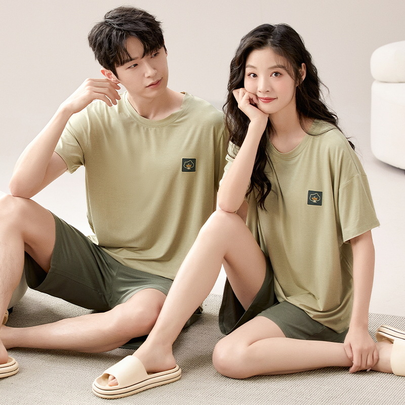 Con almohadilla para el pecho 2024 pijamas de verano pareja modal manga corta conjunto de dos piezas primavera y verano color sólido hombres homewear suave