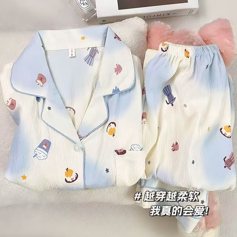 Al por mayor transfronterizo nubes de otoño pijamas de manga larga pantalones cardigans de dibujos animados con solapa linda ropa de hogar