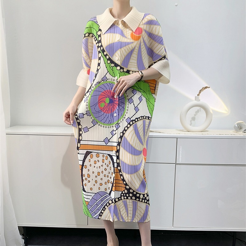 2024 spring and summer new pleated dress Women's Mid-length printed pleated skirt loose plus size mom dress 2024 spring and summer new pleated dress Women's Mid-length printed pleated skirt loose plus size mom dress