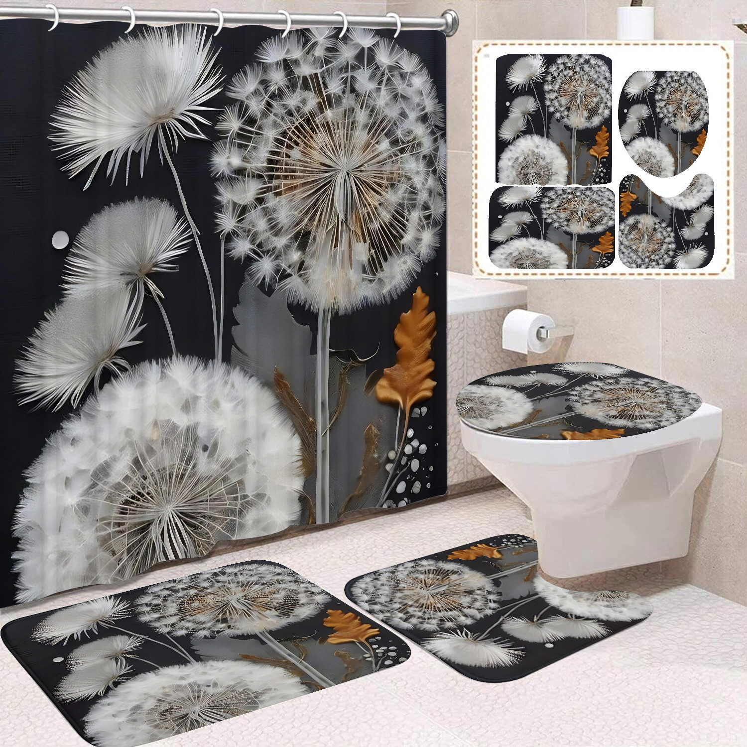 Flor blanca cortina de baño inodoro cortina de partición impermeable de baño cortina de lavado separación seca y húmeda cortina de puerta colgante sin agujeros