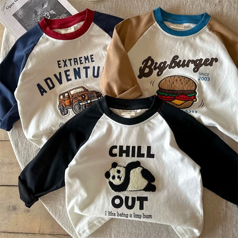 Children's Long-Sleeved T-Shirt, Spring & Fall Style, Boys' Cartoon Embroidered Tops, Girls' Stylish Color-Blocked Raglan Sleeve Bottoming Shirts, Trendy