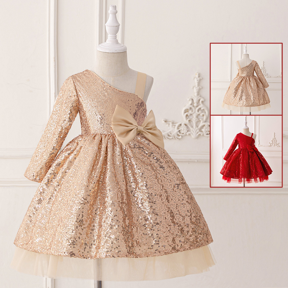 Nuevo vestido transfronterizo, hombros inclinados, lentejuelas, tutú, vestido de fiesta para niñas, vestido de princesa, vestido de fin de semana para bebés, vestido de noche