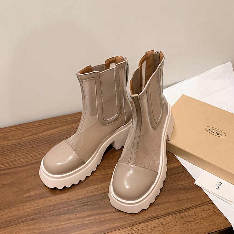Boot ngắn nữ da bò mũi tròn đế dày thoáng khí khóa kéo sau — Màu đen, Màu mơ chi tiết 113