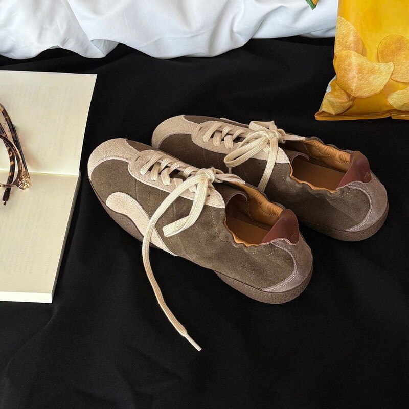 Leather version~Round-toe, color-blocked, lace-up casual sports ballet trainers for women, versatile soft-soled light sneakers Leather version~Round-toe, color-blocked, lace-up casual sports ballet trainers for women, versatile soft-soled light sneakers