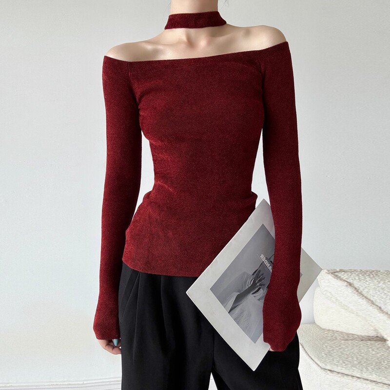 French Hong Kong Style Hanging Neck Knitted Top Black Tea Style Birthday Engagement Christmas New Year Angora Red Sexy Sweater