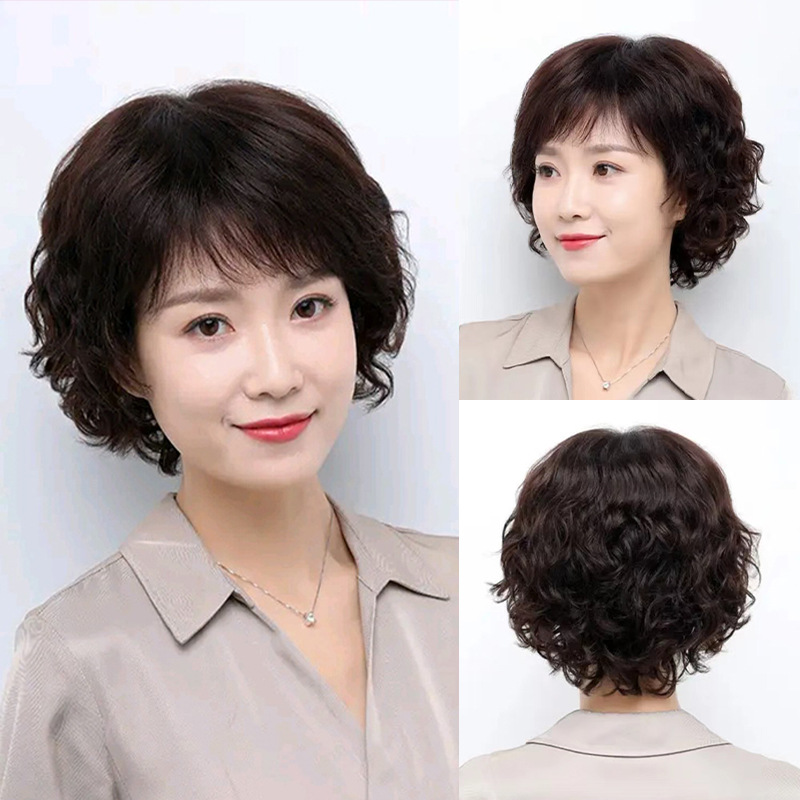 Retro Republic of China style oblique bangs mother wig wholesale mechanism middle-aged wig women's short hair real hair full head cover