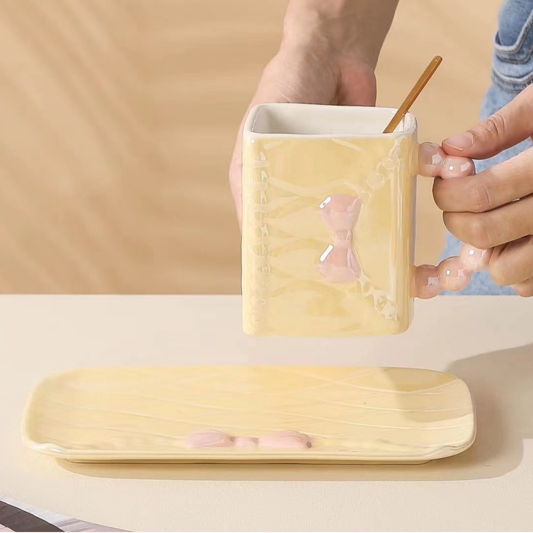 Creativa perla esmalte bolsa de cerámica taza y platillo combinación taza alta-mirada tarde té taza de café regalo personalizado taza